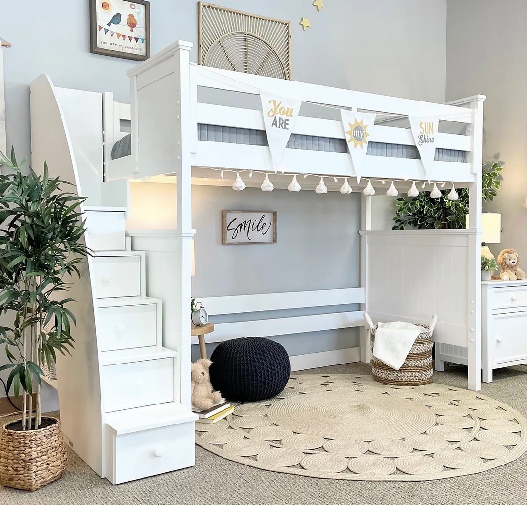 Beadboard Twin Loft Bed Stairs White